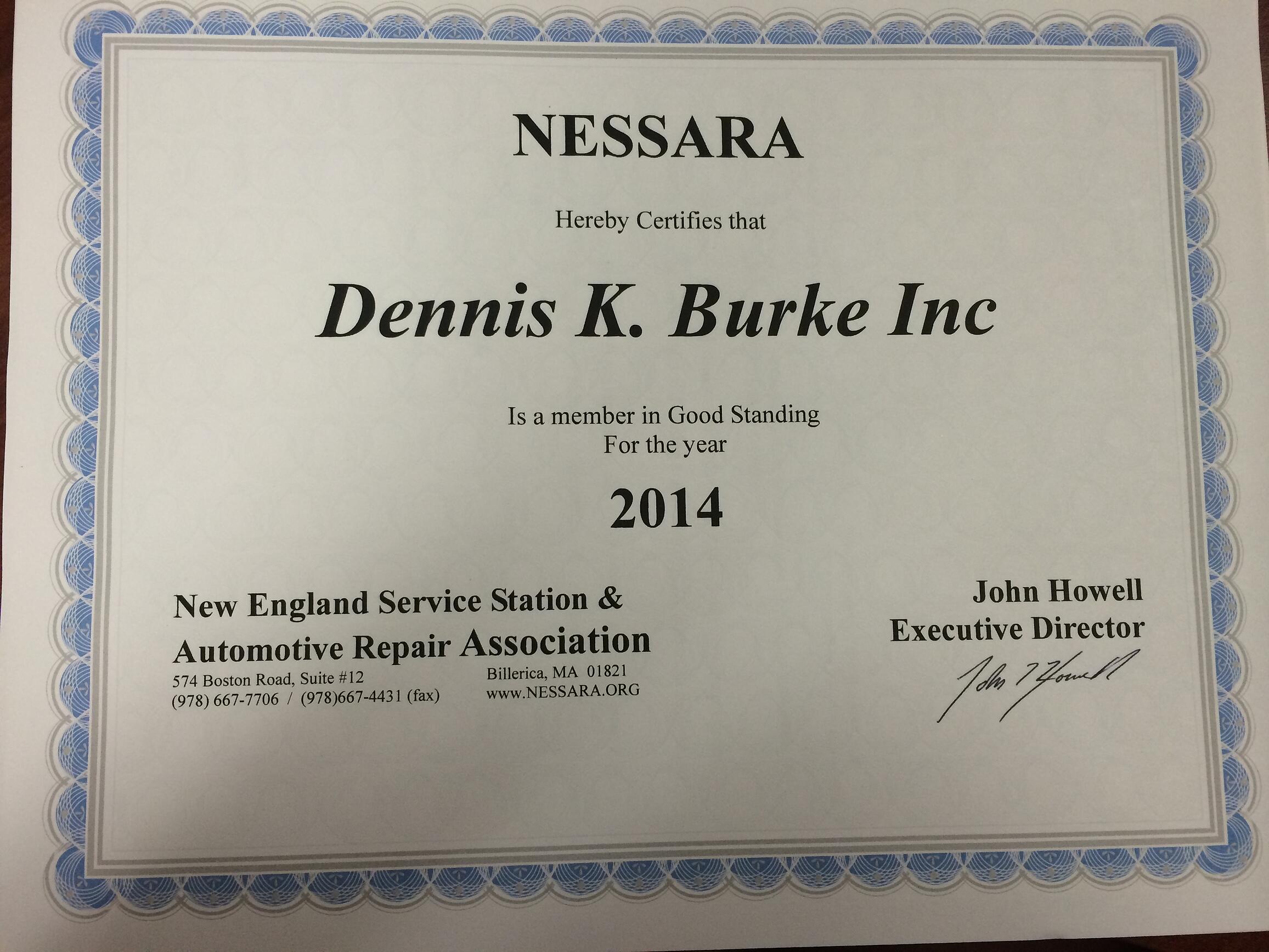 Nessara certificate for Dennis K. Burke Inc. Circa 2014