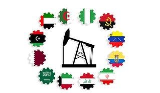 Middle Eastern Nations flags in a circle around an oil drilling rig