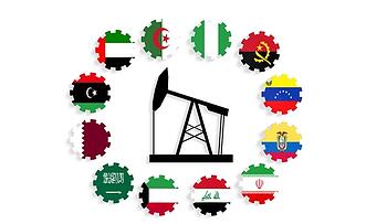 OPEC nation flags in a circle around an oil rig