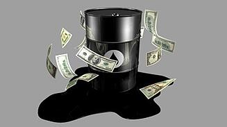 Barrel of oil with dollars falling around it