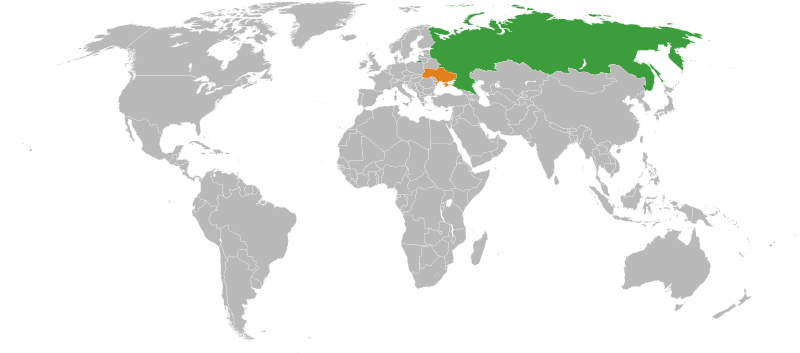 image of a gray map with Russia & Ukraine highlighted in Green and orange, respectively 