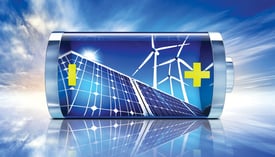 Image of a battery with solar panels and wind power depicted reflecting in its surface 
