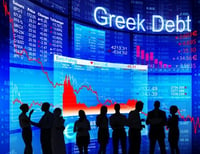 Sillouettes of people infront of charts showing Greek Debt