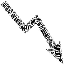Downwards aiming arrow with the terms WTI, Oil and Brent inside of it