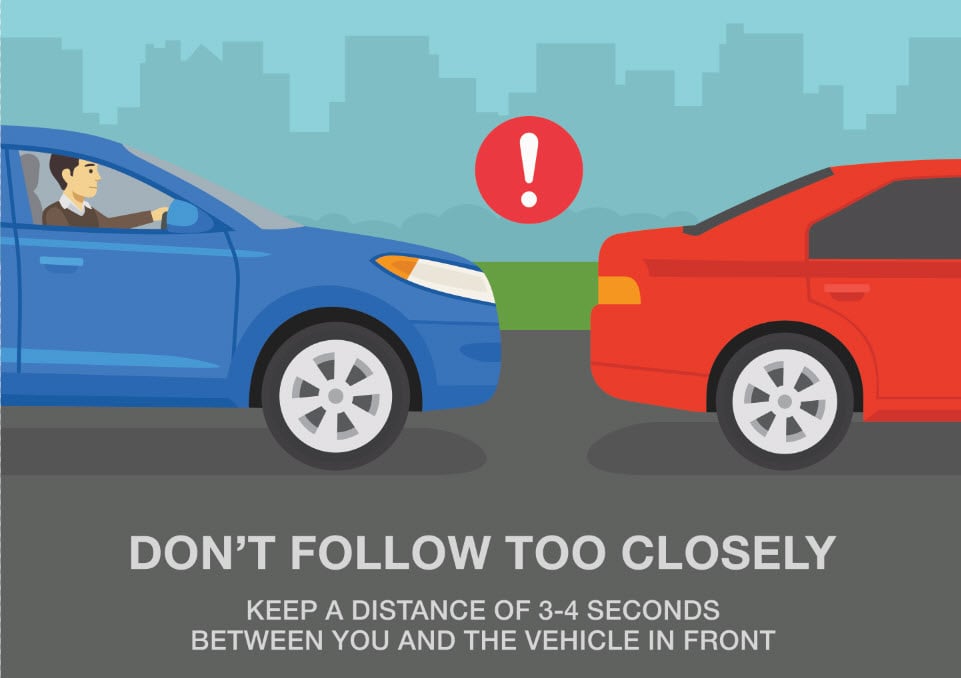 cartoon image of a car close to another car saying dont follow too closely