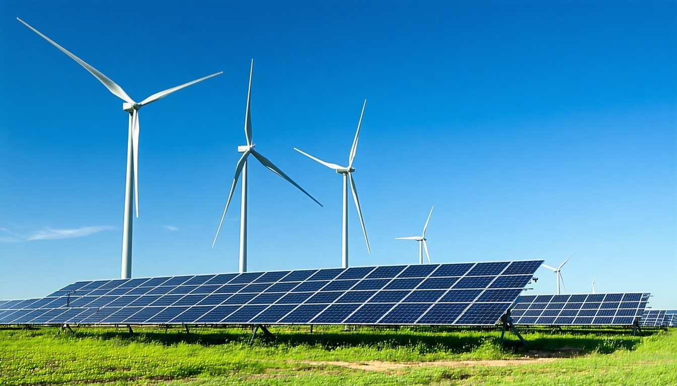 image of a wind farm with solar panels below in the foreground