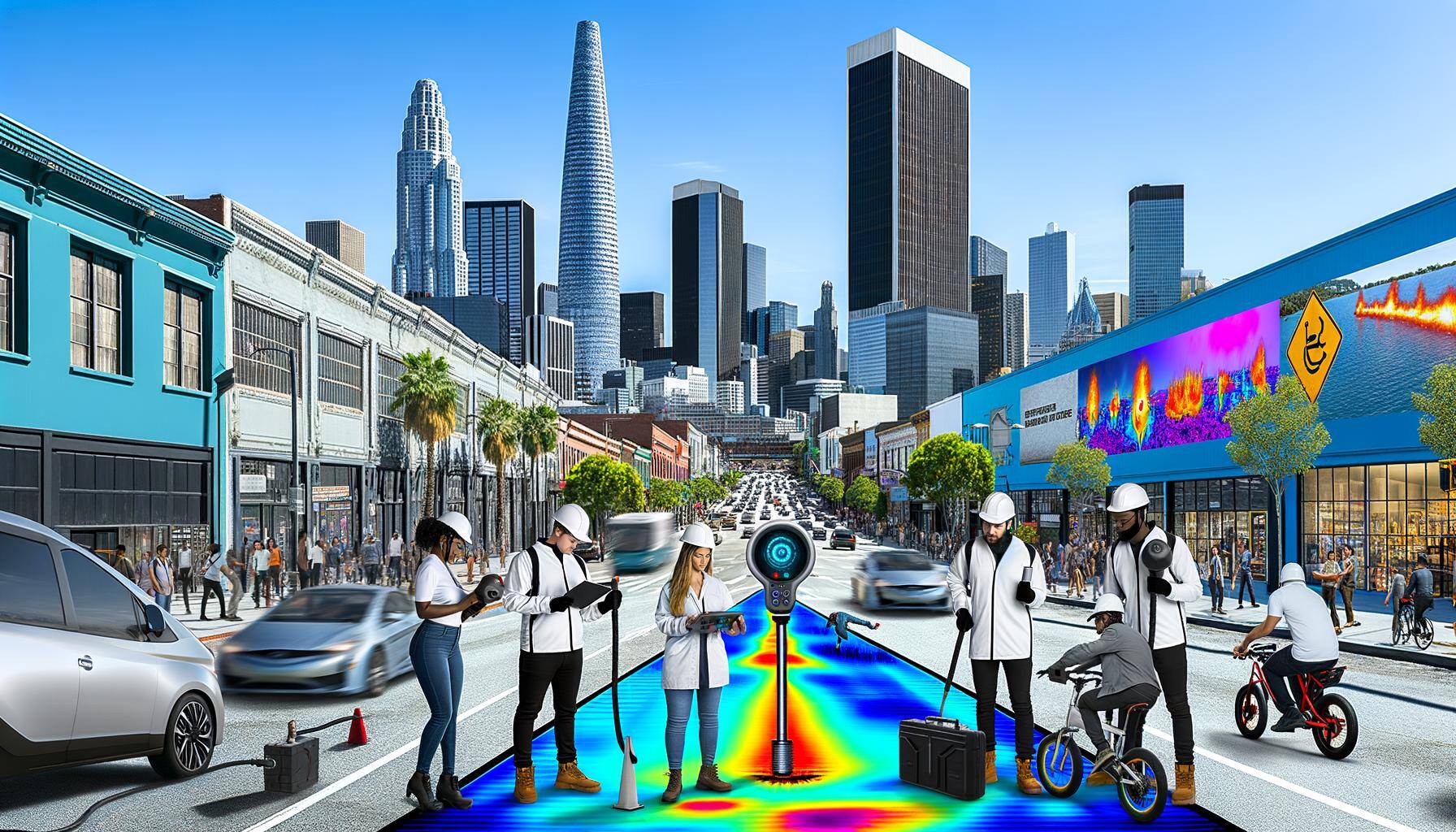 generated image showing scientists in the street with a city skyline backdrop showing them detecting implied methane leaks