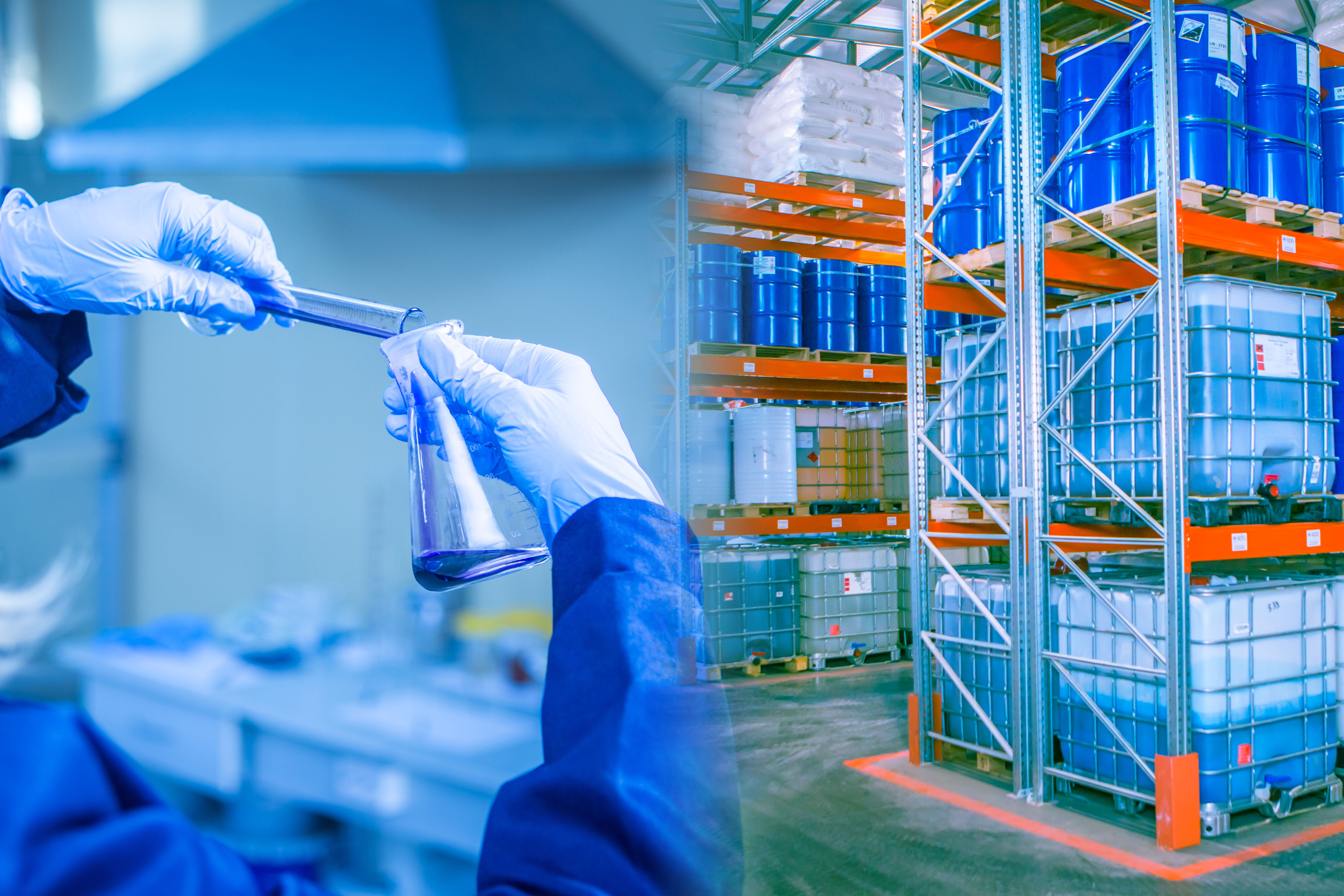 image of a person performing a chemical analysis test in front of a warehouse of lubricant products