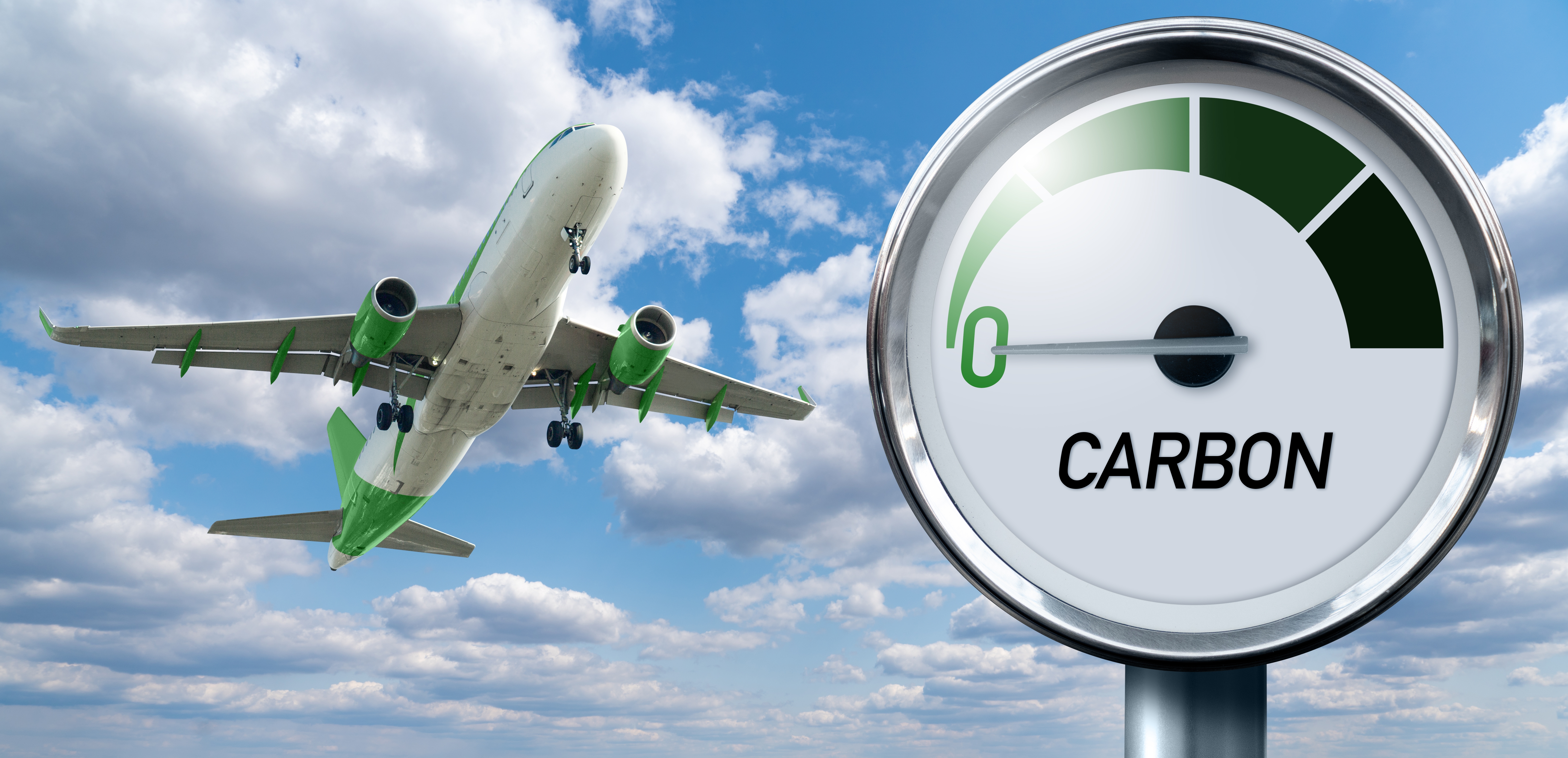 decarbonizing aviation to net zero image of airplane and a zero carbon meter