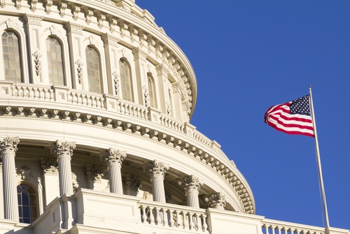 image zoomed in and cropped close showing the dome of the Capitol building in Washington DC